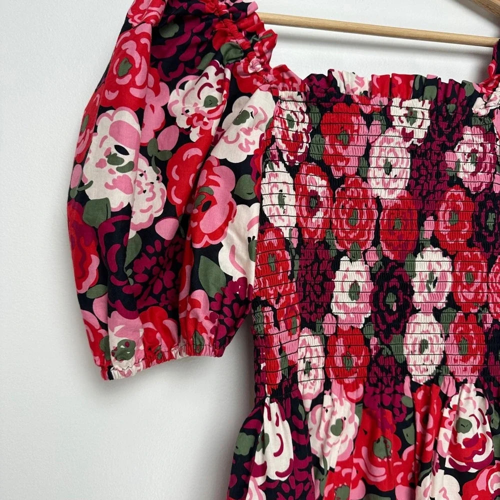 Kate Spade Rosette Blooms Puff Sleeve Smocked Floral Top Red Pink XS